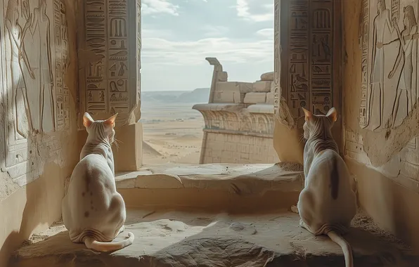 Картинка кошки, Египет, руины, парочка, сфинксы, нейросеть