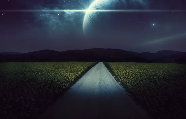 Картинка дорога, поле, звезды, ночь, рендеринг, планеты