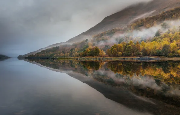Картинка осень, небо, вода, деревья, горы, природа, озеро, отражение