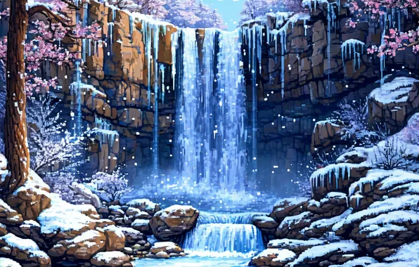 Зима, Водопад, Пиксели