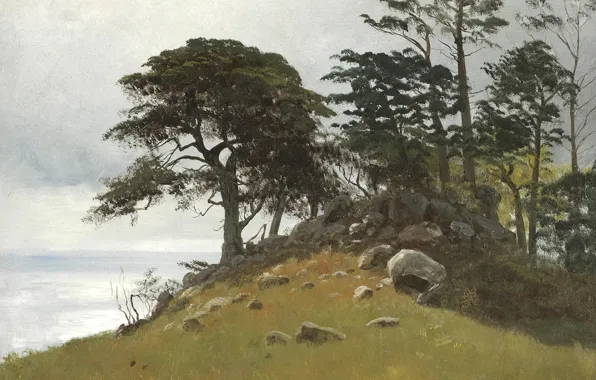 Картинка деревья, пейзаж, камни, картина, Альберт Бирштадт, Cypress Point. Monterey