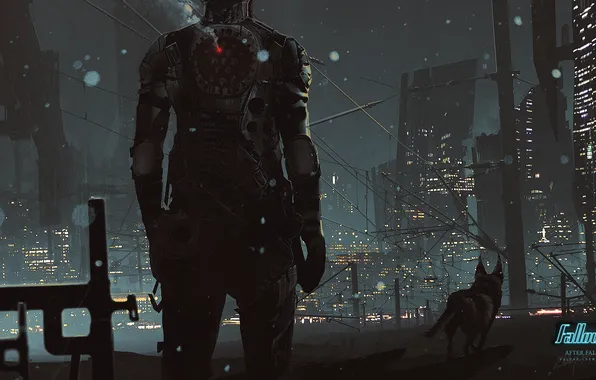 Картинка ночь, город, человек, собака, Fallout, art, by KuldarLeement, After fall