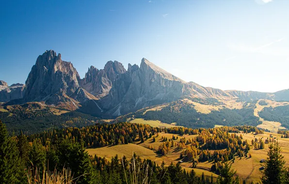 Картинка sky, trees, blue, beautiful, mountains, italy, shot, dolomite