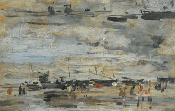 Пейзаж, люди, берег, картина, лодки, Эжен Буден, Eugene Boudin, Отлив