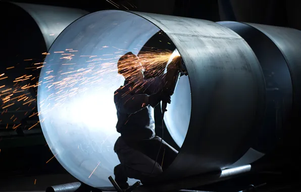 Sparks, grinder, pipe, worker