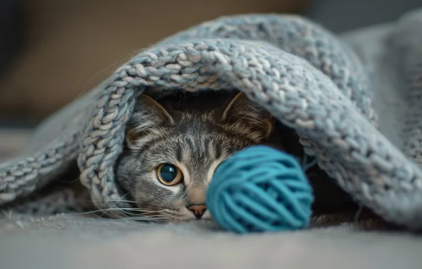 Кошка, кот, взгляд, клубок, поза, серый, голубой, игра