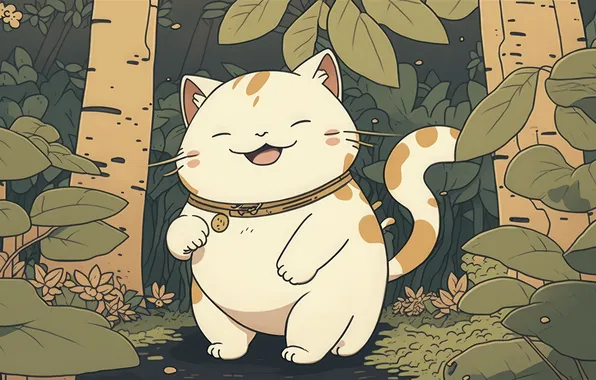 Кошка, кот, листья, деревья, радость, природа, поза, улыбка