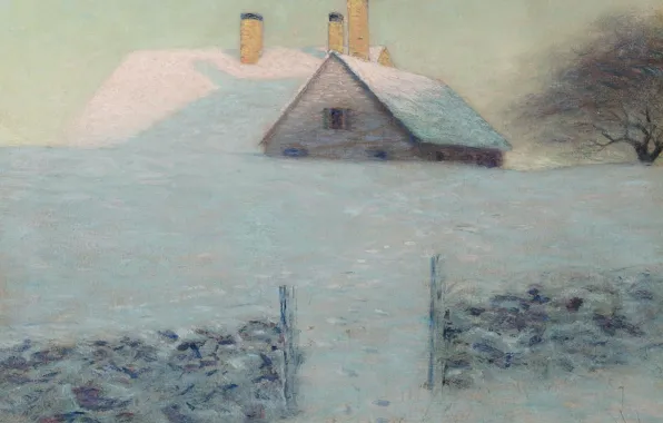 Зима, пейзаж, дом, картина, Бирдж Харрисон, Снежный День, Lowell Birge Harrison