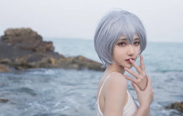 Rock, Beautiful, Asian, Model, Water, Woman, Ocean, Sea