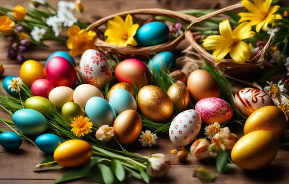 Картинка цветы, яйца, весна, colorful, Пасха, happy, flowers, spring