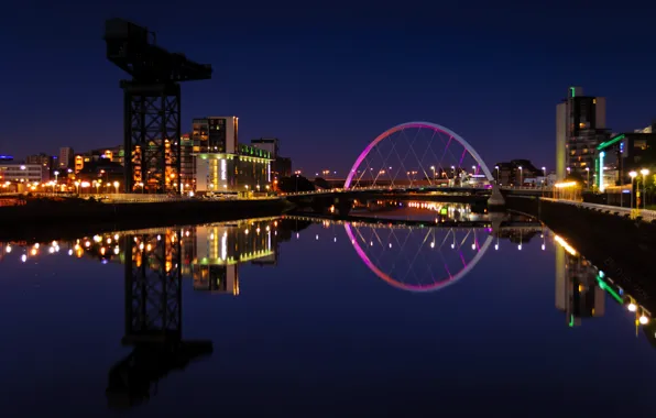 Картинка огни, отражение, река, здания, вечер, Шотландия, подсветка, Великобритания