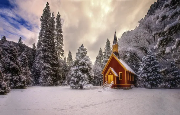 Картинка зима, лес, снег, природа, церковь