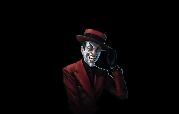 Картинка красный, улыбка, batman, бэтмен, шляпа, Джокер, костюм, комикс