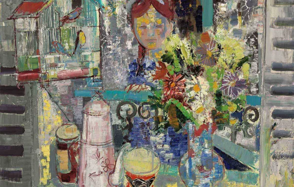 Картинка цветы, птицы, картина, клетка, ваза, Emilio Grau Sala, Утренний завтрак