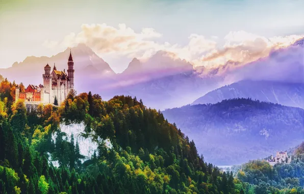 Картинка лес, небо, свет, горы, замок, Германия