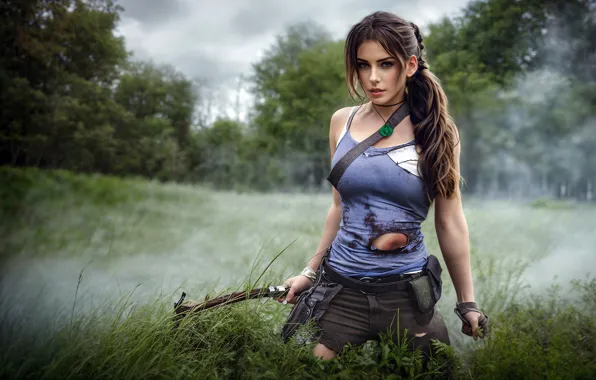 Поляна, брюнетка, декольте, Tomb Raider, красивая девушка, большая грудь, косплей, Lara Croft