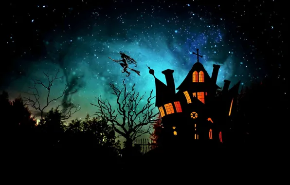 Картинка ночь, дом, Хэллоуин, ведьма, 31 октября