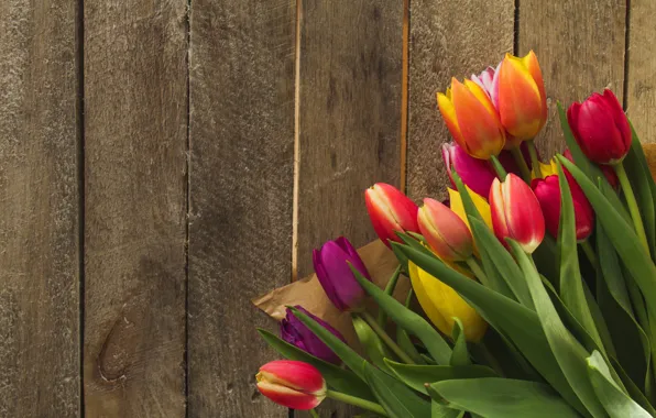 Картинка цветы, яркие, букет, весна, colorful, тюльпаны, fresh, wood