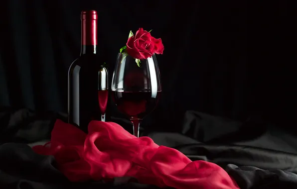 Картинка красный, вино, бокал, роза, ткань