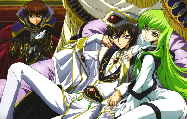 Мантия, зеленые волосы, трон, code geass, c.c., lelouch lamperouge, suzaku kururugi, повелитель