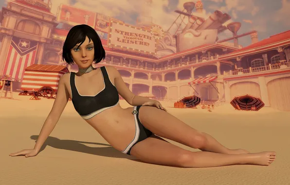 Песок, пляж, купальник, девушка, Elizabeth, Bioshock infinite