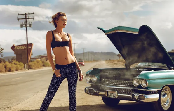 Girl, Car, Woman, Road, Stranded, Breakdown