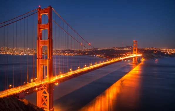 Картинка мост, огни, вечер, San Francisco
