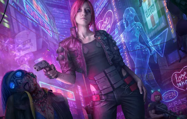 Картинка девушка, ночь, пистолет, фантастика, улица, арт, cyberpunk 2077