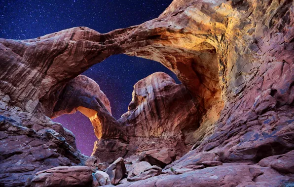 Картинка небо, звёзды, арка, Юта, США, Utah, Arches National Park, Double Arch