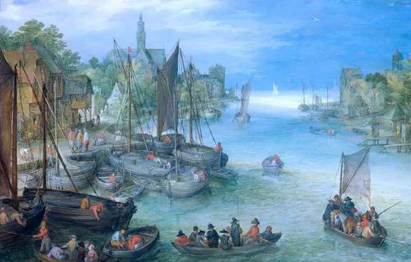 Картинка картина, лодки, Речной Пейзаж, Ян Брейгель старший