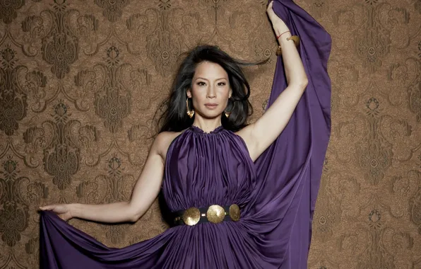 Актриса, азиатка, Lucy Liu, фиолетовое платье