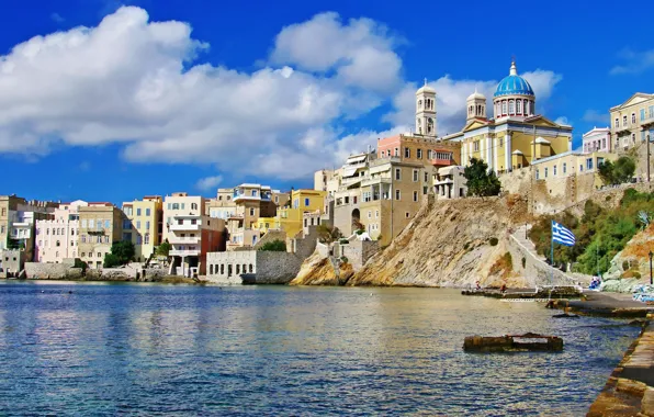 Море, небо, облака, город, берег, панорама, греция
