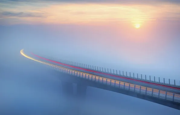 Мост, туман, Солнце, трафик, bridge, sun, fog, traffic