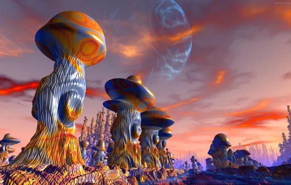 Картинка дорога, скалы, грибы, road, rocks, иные миры, mushrooms, красные облака