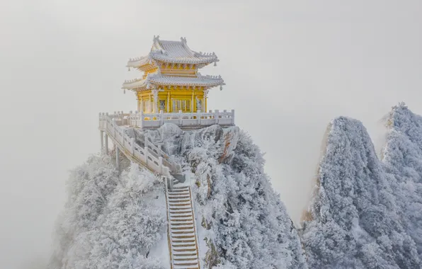 Картинка снег, скалы, мороз, лестница, пагода, rocks, snow, stairs