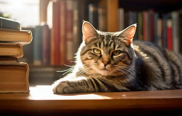 Кошка, кот, взгляд, свет, поза, стол, книги, полка