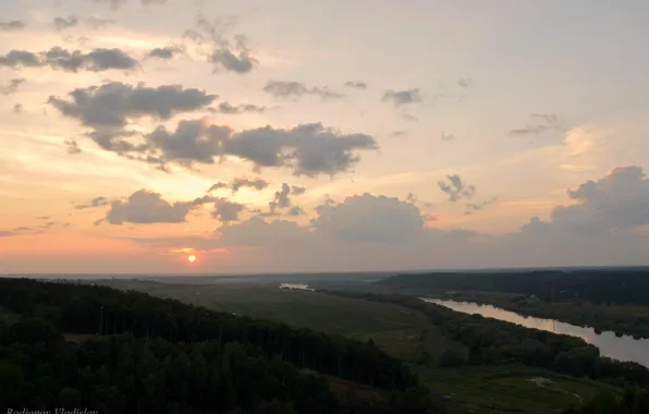 Небо, солнце, облака, деревья, закат, Ока, Калуга, Kaluga