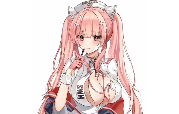 Girl, sexy, cleavage, pink hair, long hair, dress, boobs, anime