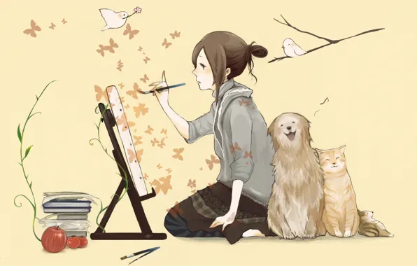 Картинка кошка, девочка, собака, книги, мольберт, кисть, птицы, бабочки, рисует