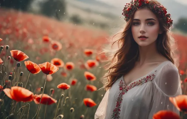 Поле, взгляд, девушка, цветы, природа, маки, портрет, красавица