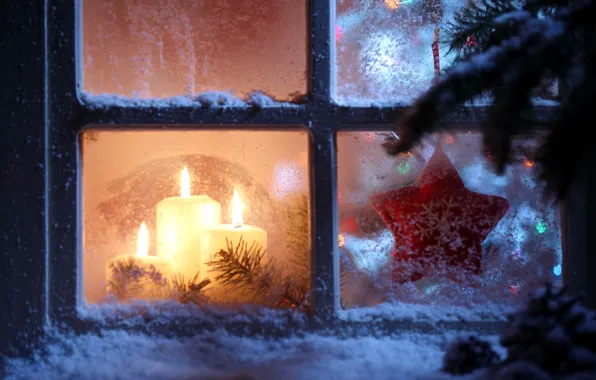 Звезды, снег, снежинки, окна, новый год, свечи, окно, star