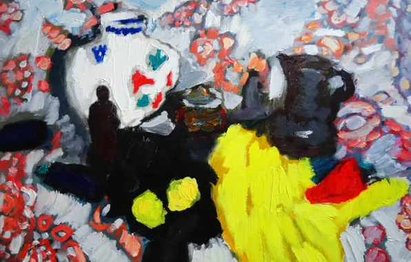 Картинка 2012, Натюрморт, Петяев, жёлтая ткань, черная ткань, два лимона