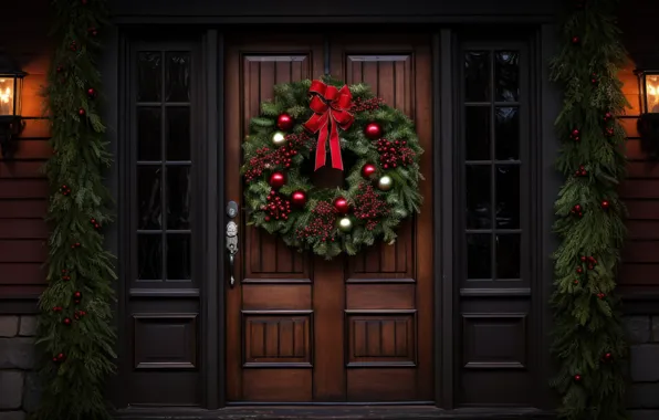 Украшения, Новый Год, дверь, Рождество, Christmas, венок, wood, New Year