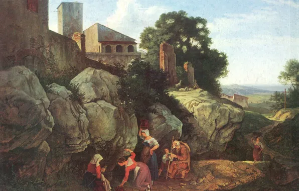 Картинка пейзаж, скалы, картина, источник, жанровая, Ариччи, Адриан Людвиг Рихтер