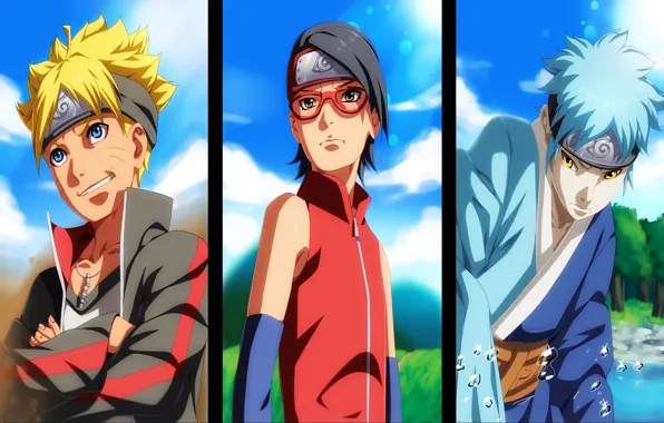 Девушка, парни, ниндзя, Naruto, anime, art, троица, Sarada Uchiha