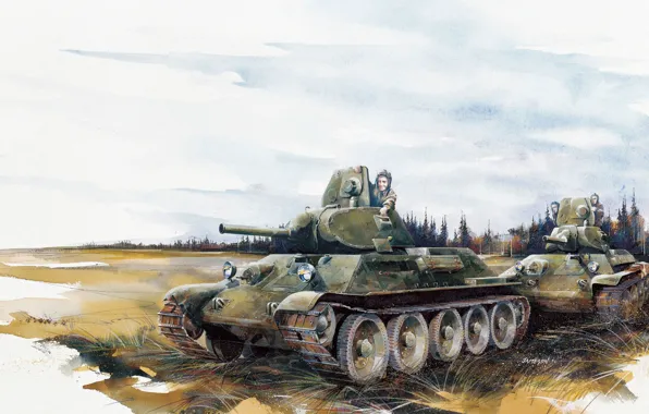 Картинка рисунок, арт, танк, Советский, средний, карандашами, Т-34-76, WW2.