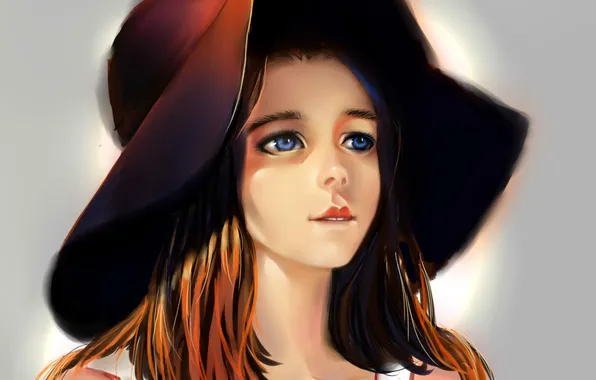 Картинка портрет, Девушка, шляпа, синие глаза