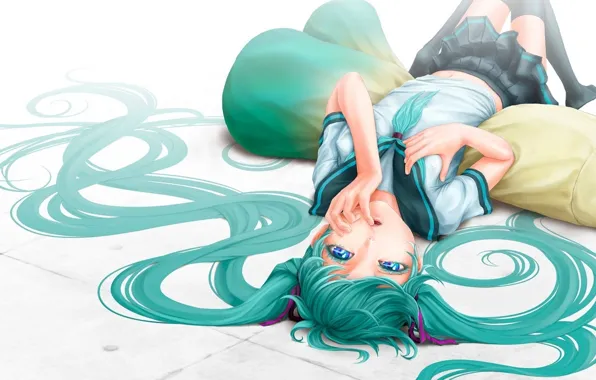 Девушка, лежит, vocaloid, Hatsune Miku, вокалоид