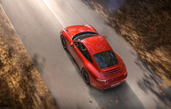 Красный, Авто, Дорога, Porsche, Машина, Red, Render, Carrera