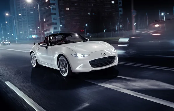 Дорога, родстер, ночной город, Mazda MX-5